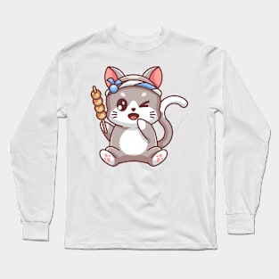 Cute cat wearing Japanese headband and bringing takoyaki Long Sleeve T-Shirt